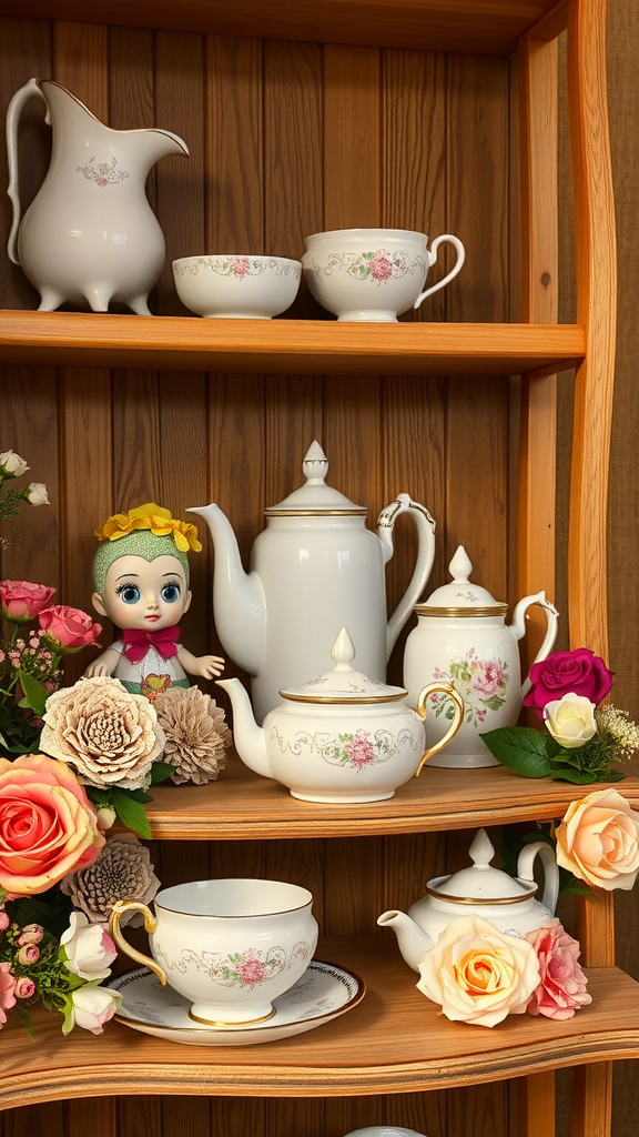 A vintage tea set displayed on a wooden shelf with floral designs, accompanied by a playful doll and faux flowers.
