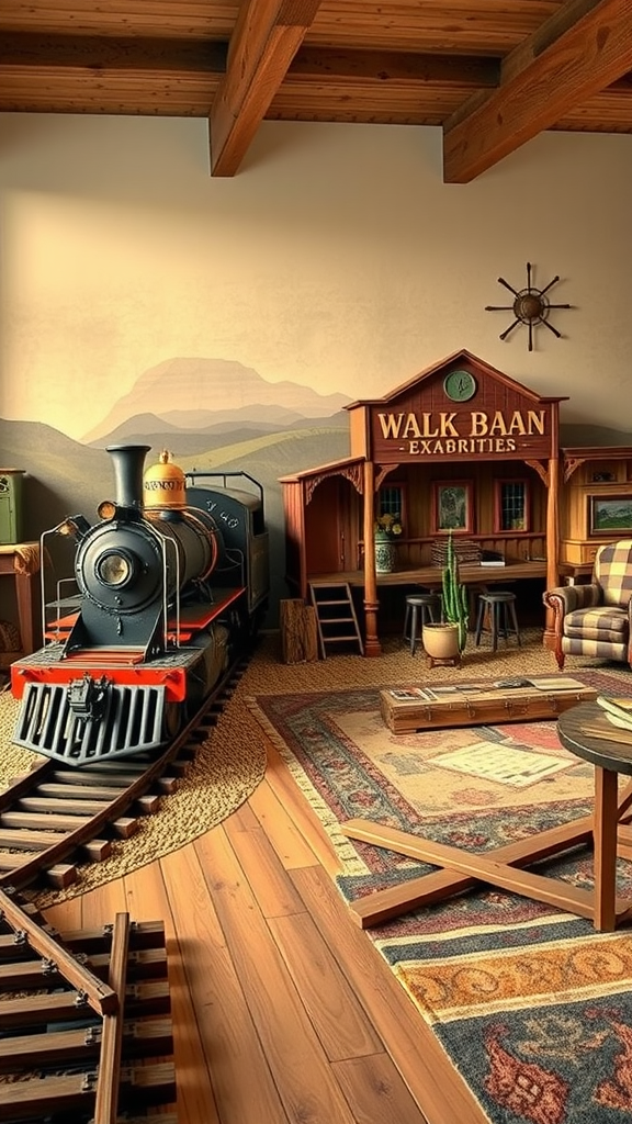 A cozy cowboy living room featuring a vintage steam train, wooden beams, and rustic decor.