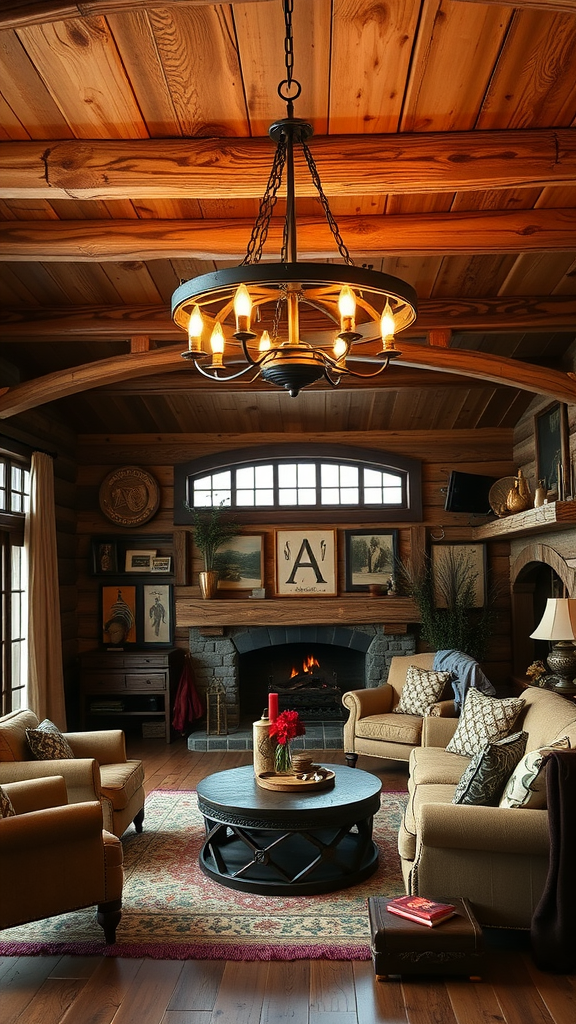 A vintage wagon wheel chandelier hanging in a cozy cowboy living room with wooden beams and rustic furniture.