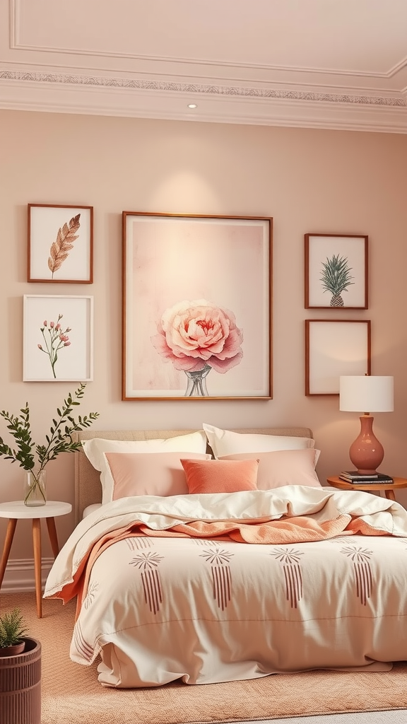 A cozy bedroom featuring wall art in dusty pink palettes, showcasing floral and leaf prints.