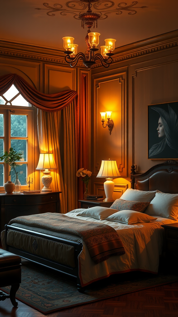 A classy bedroom featuring warm ambient lighting, elegant furniture, and cozy decor.
