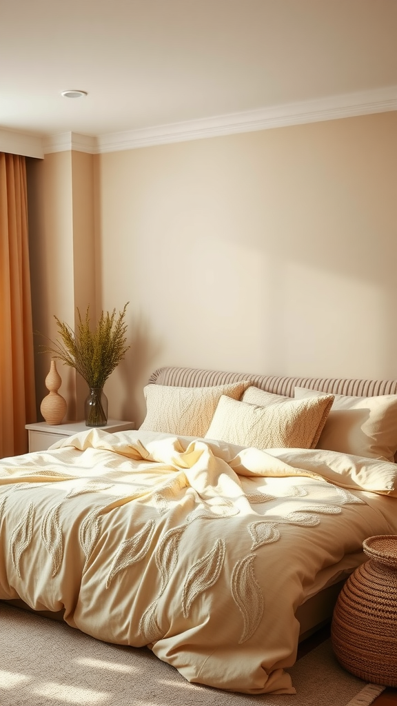 A cozy beige bedroom featuring a textured duvet, soft pillows, and natural decor elements.