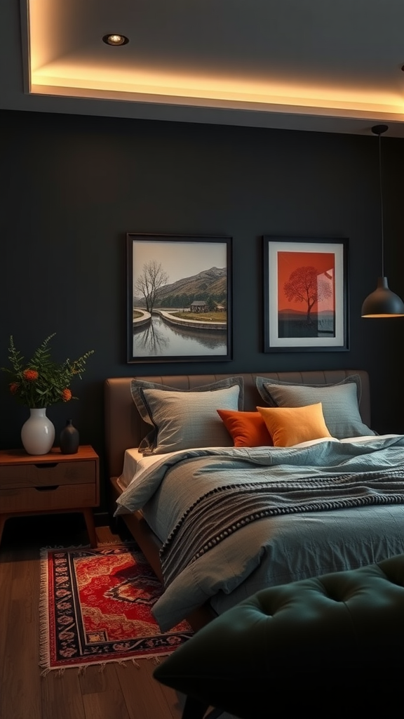 A dark cozy bedroom with warm color accents including orange pillows and a colorful rug.