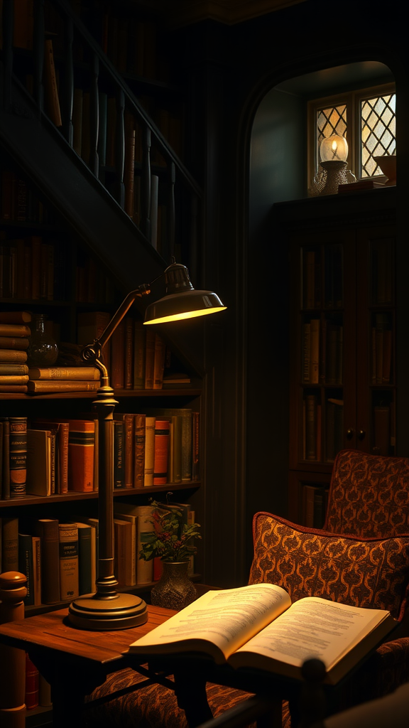 Cozy reading nook with an antique lamp, open book, and bookshelves in a dark cottagecore bedroom library.