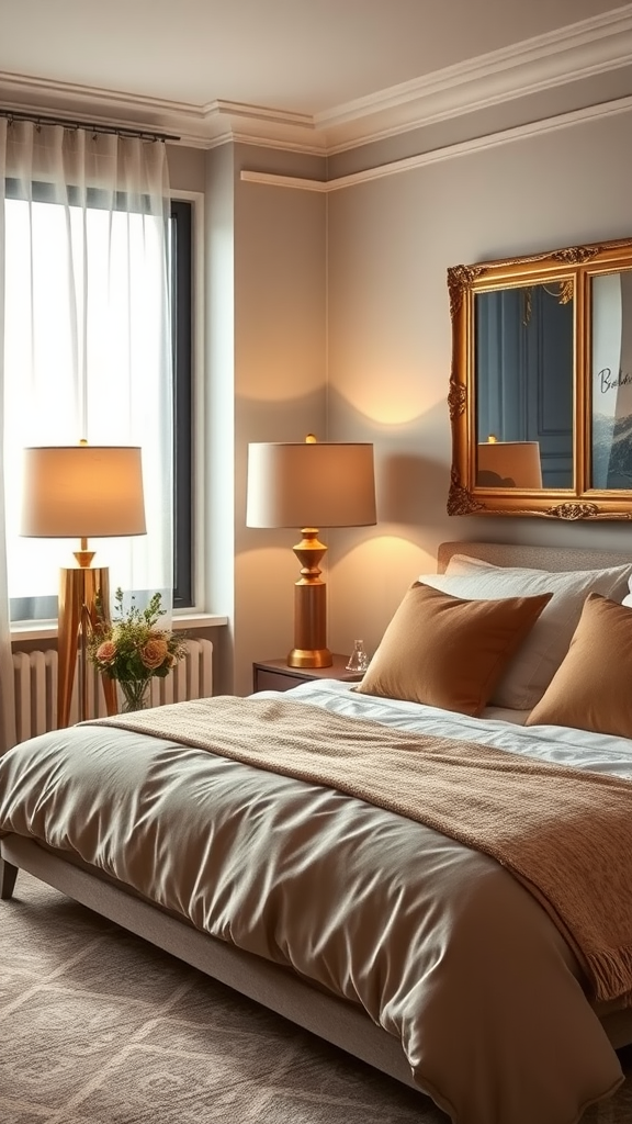 A cozy bedroom featuring warm metallic accents like golden lamps and a decorative mirror.