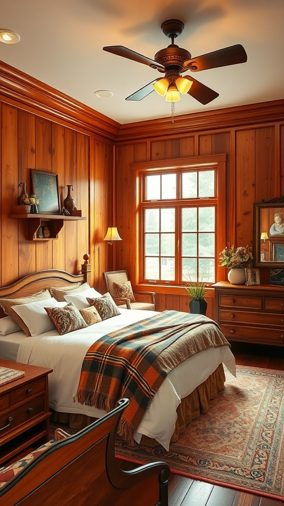 Cozy cherry wood bedroom with warm tones and inviting decor