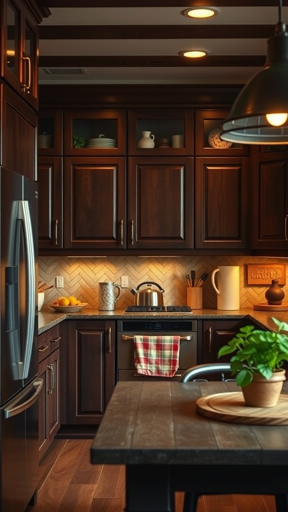 A warm kitchen featuring dark wood cabinets, cozy lighting, and a welcoming table with a plant. Green Dark Wood Kitchen