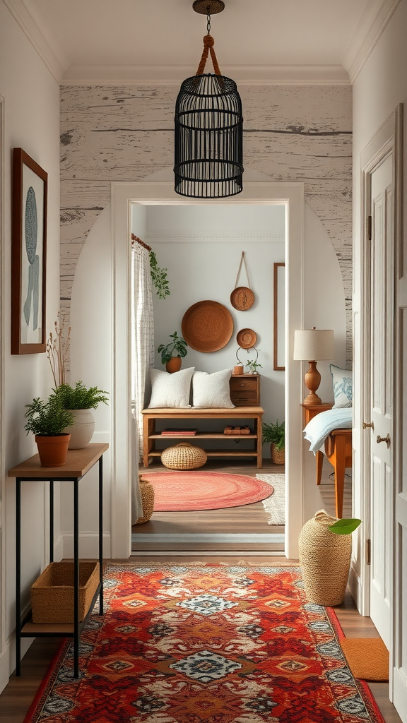 A welcoming entryway with a vibrant rug, hanging light fixture, and a view into a cozy western boho bedroom.