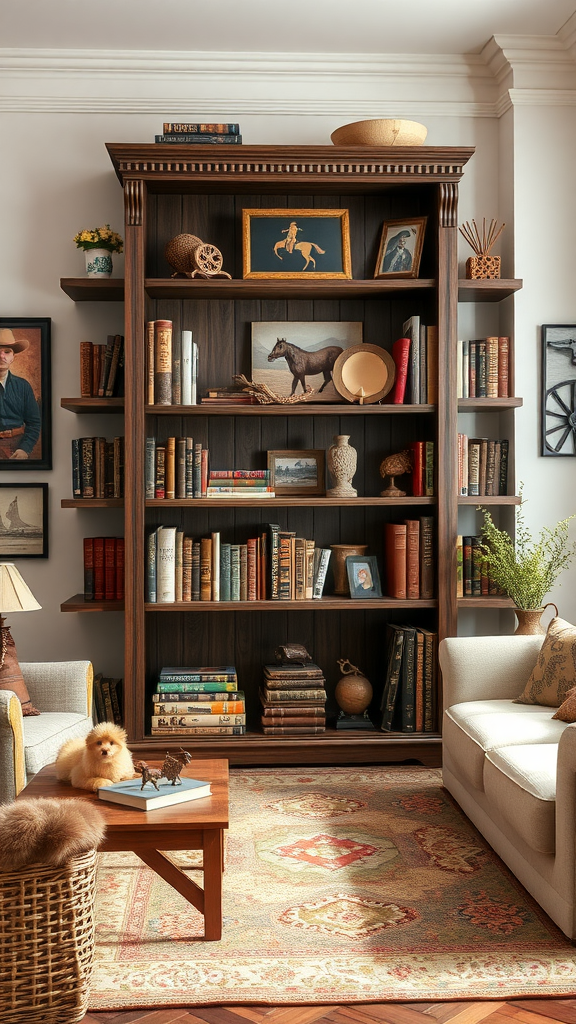 A wooden bookcase filled with books and Western-themed decor in a cozy living room.