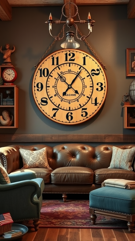 A rustic wall clock in a cowboy-themed living room, featuring a wooden frame and vintage design.
