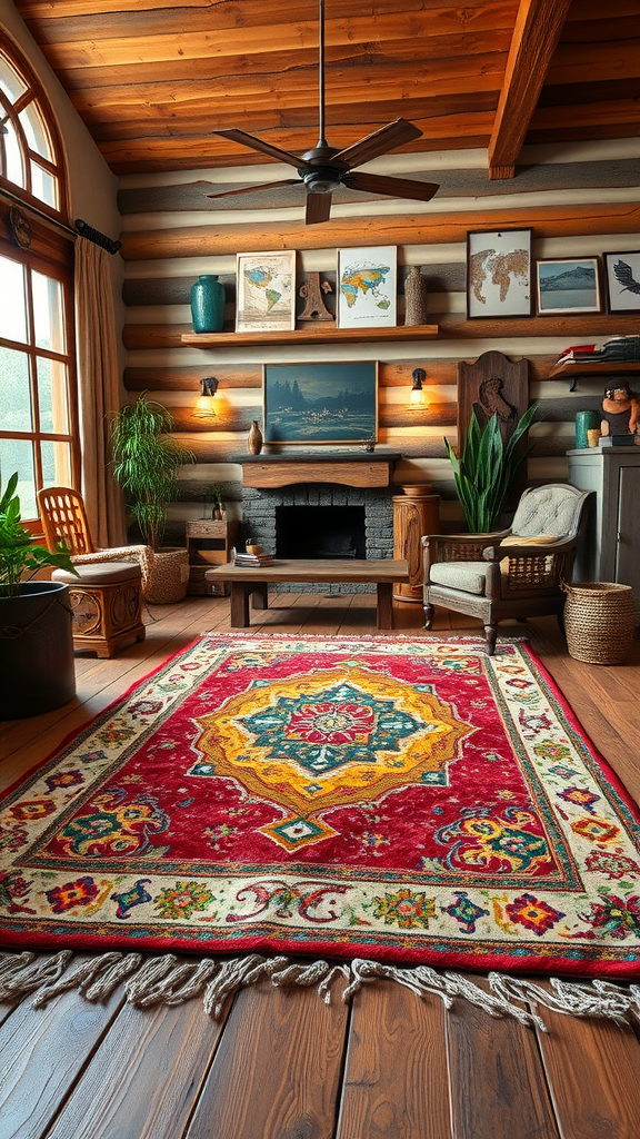 Vibrant Western style area rug in a cozy cowboy living room with wooden accents.