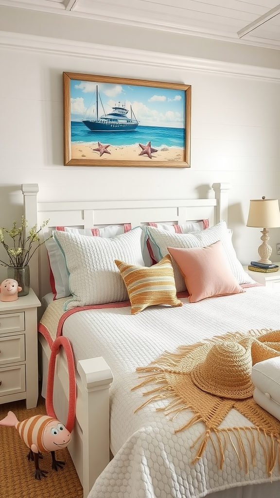 A coastal-themed bedroom with beach accessories including artwork of a boat, starfish, and colorful pillows
