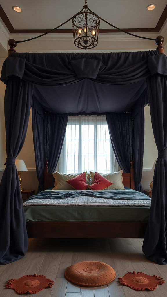 A dark cottagecore bedroom featuring a canopy bed with dark drapes and colorful pillows, accented by soft lighting and unique rugs.