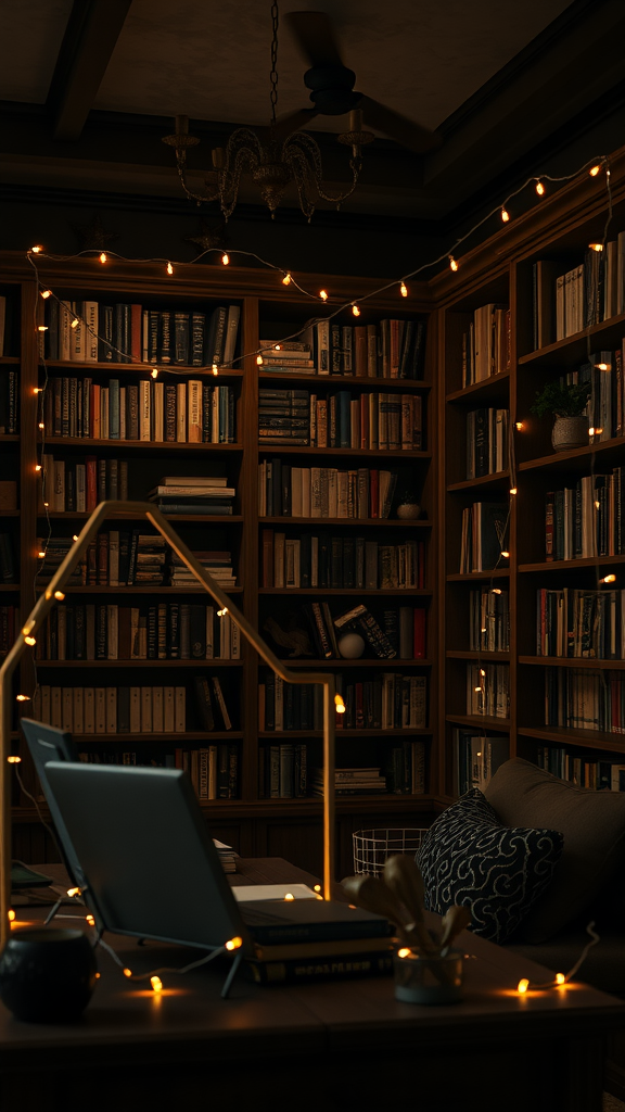 A dark cottagecore bedroom library with fairy lights illuminating bookshelves and a cozy reading space.