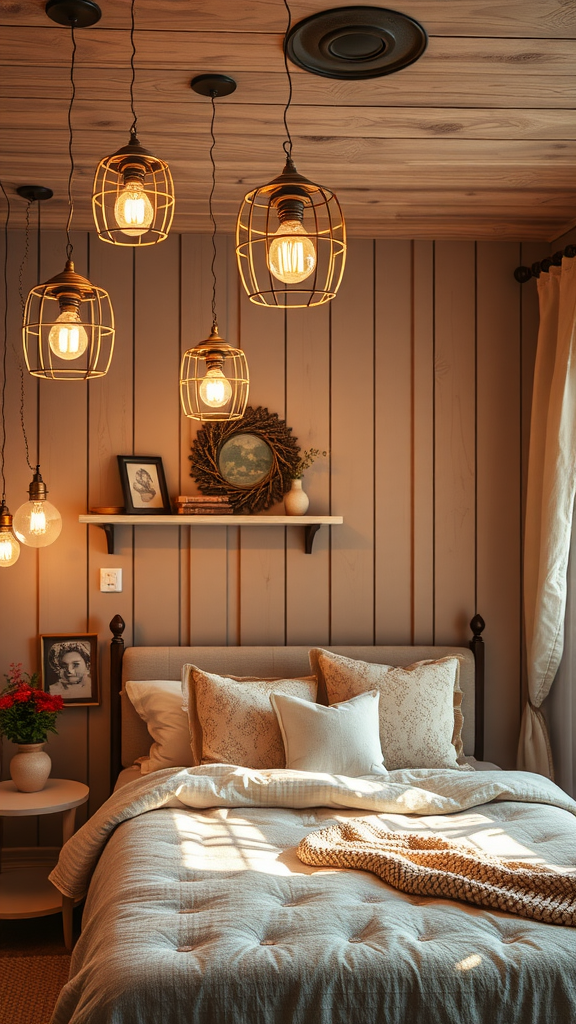 A cozy bedroom with whimsical cage-style hanging lights illuminating a bed adorned with soft pillows and a textured blanket.