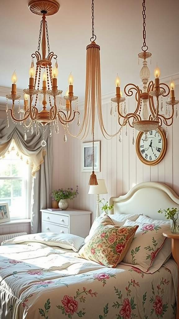 A cozy bedroom with two elegant chandeliers and floral bedding