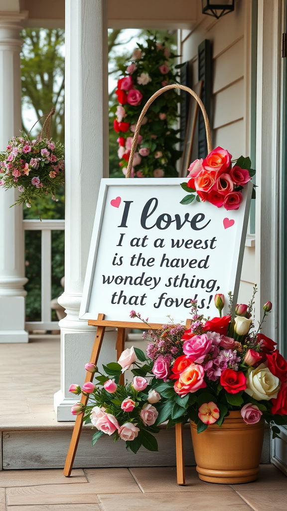 A porch decorated with a whimsical sign and flowers for Valentine's Day.