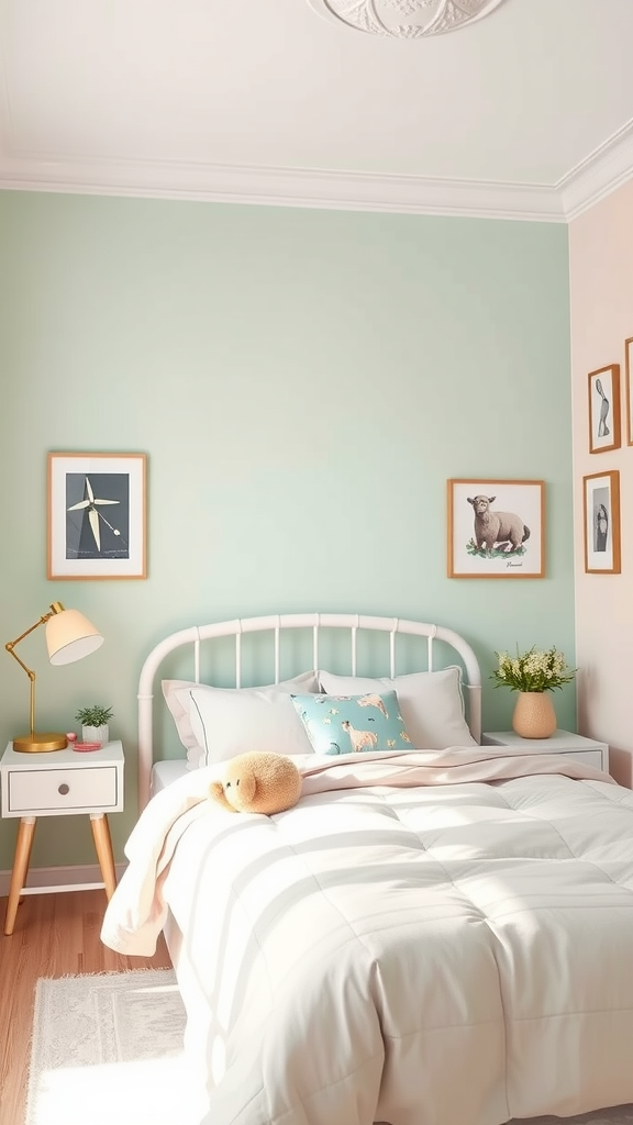 A cozy bedroom with pastel green and pink walls, featuring a bed with soft bedding and cute animal decor.