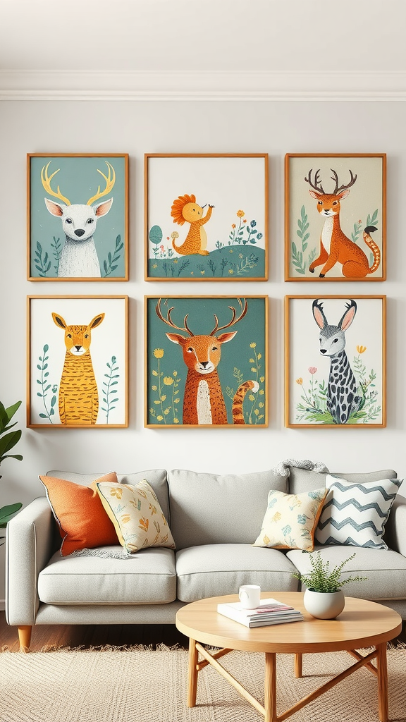 A cozy living room featuring whimsical animal wall art in soft colors and wooden frames.