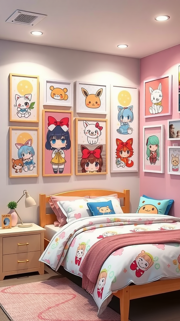 A kawaiicore bedroom with whimsical wall art featuring cute characters, a cozy bed, and colorful decor.