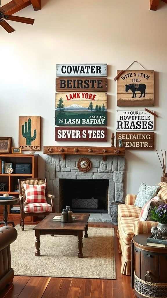 Cowboy-themed living room with whimsical wall signs and rustic decor