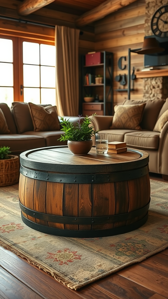 A whiskey barrel coffee table in a cozy living room setting