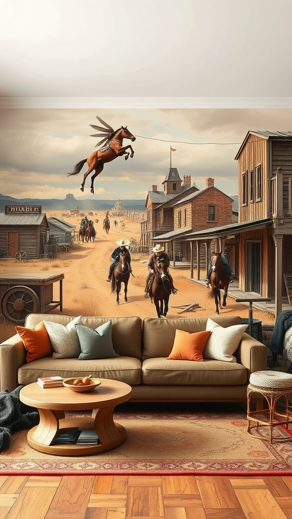 A cowboy living room featuring a Wild West mural with horses and cowboys