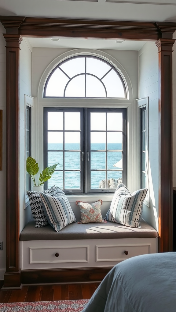 Cozy window seat with dark wood trim overlooking the ocean