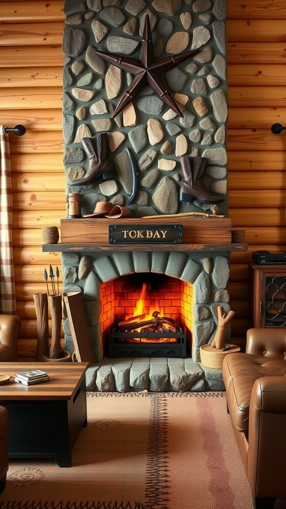 A rustic wood-burning fireplace in a cowboy-themed living room, featuring stonework, cowboy boots, and a star decoration.