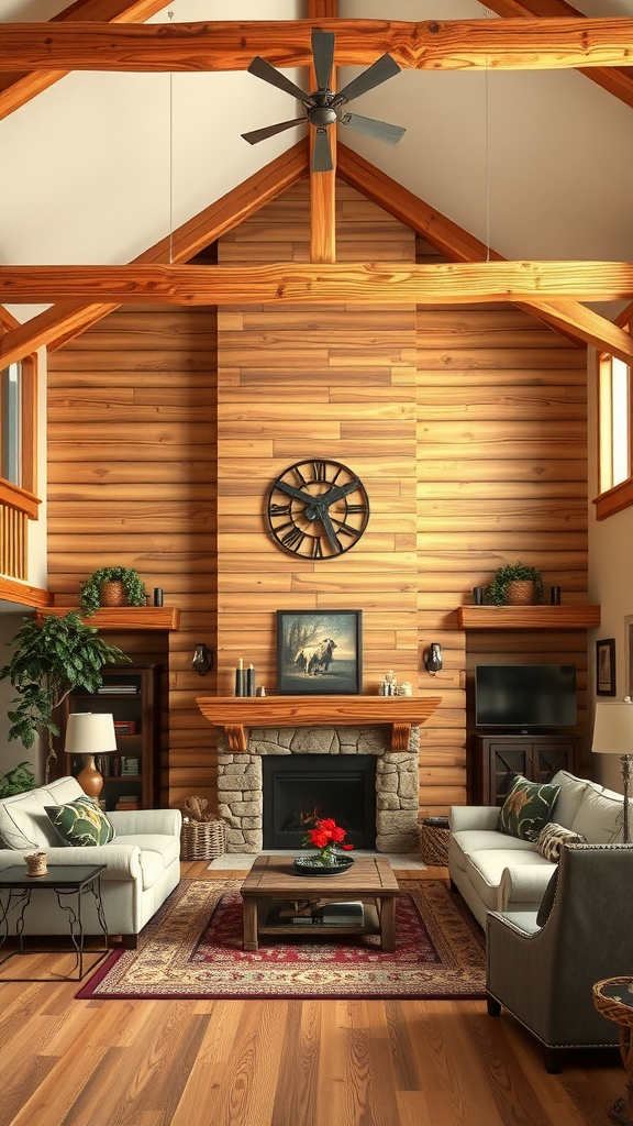 Cozy and rustic cowboy living room with wooden beams and planks.