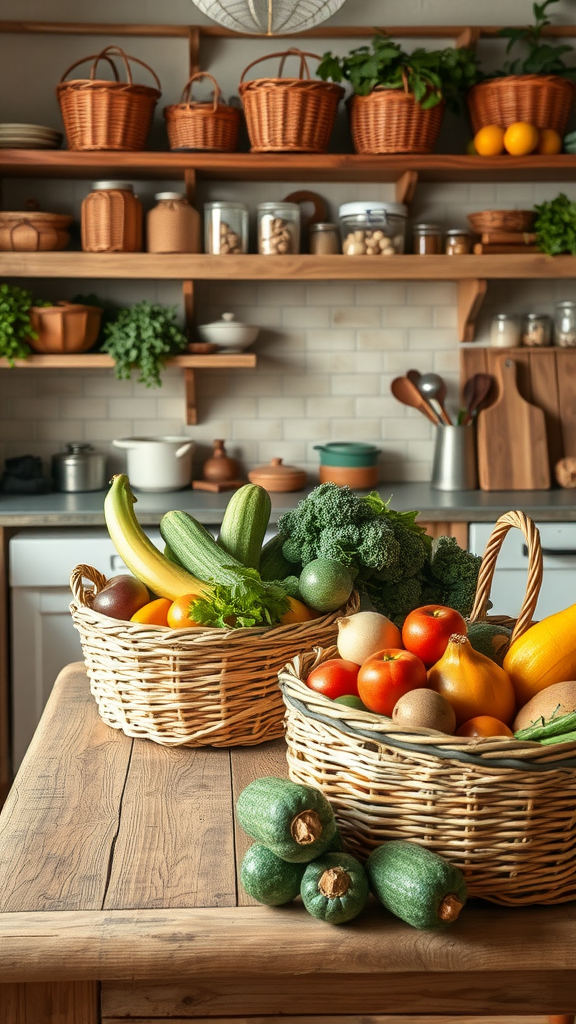 A cozy kitchen with woven baskets on shelves and a wooden table filled with fresh vegetables.