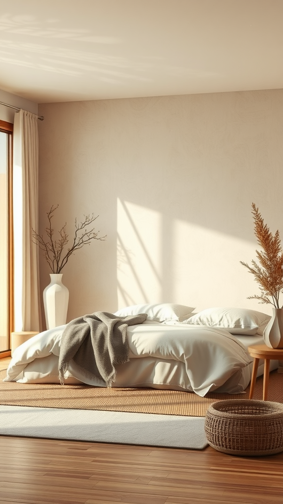 A cozy beige bedroom featuring a neatly made bed, soft textures, and natural decor elements.