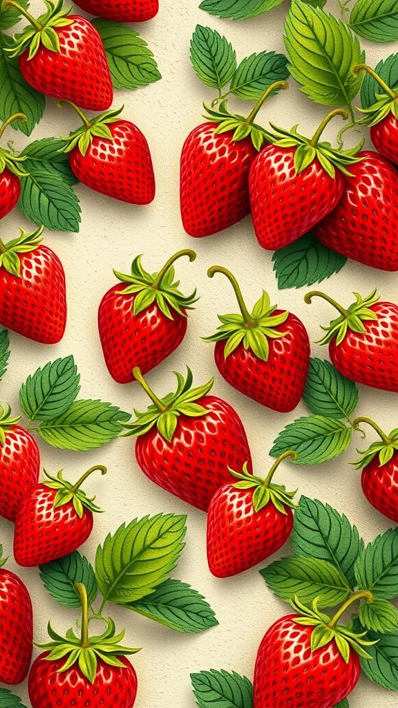 Colorful 70s strawberry wallpaper featuring vibrant red strawberries and green leaves.