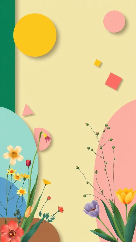 An abstract spring-themed wallpaper featuring colorful shapes and flowers.