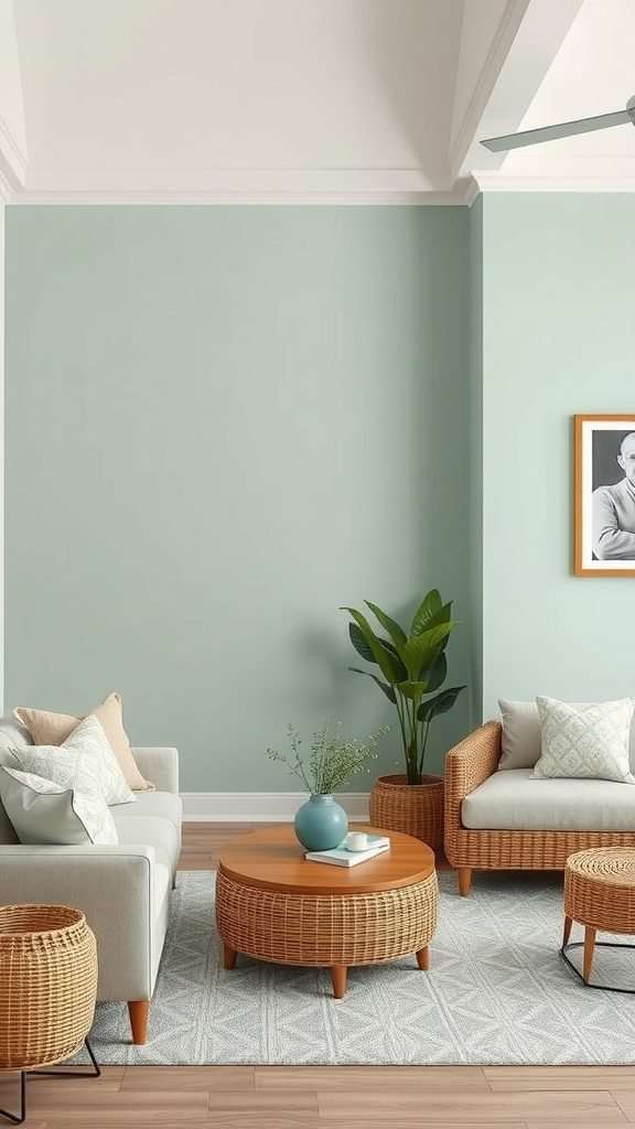 A coastal living room with a mint green accent wall and natural furniture.