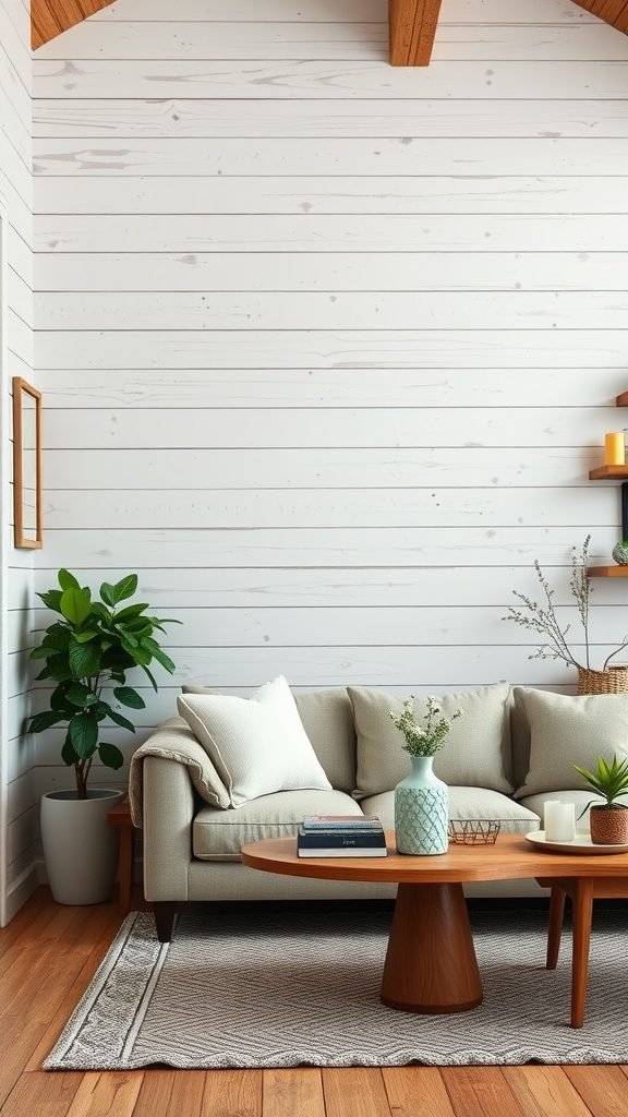 Cozy farmhouse living room with a white shiplap accent wall, beige sofa, wooden coffee table, and indoor plants.