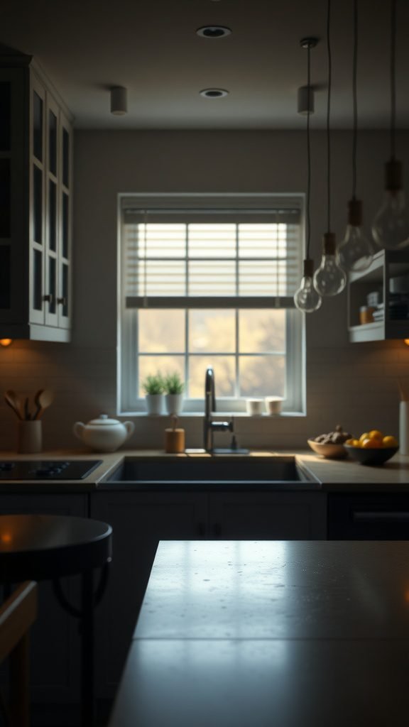 A moody kitchen with soft lighting, highlighting the sink and countertop, creating an inviting atmosphere.