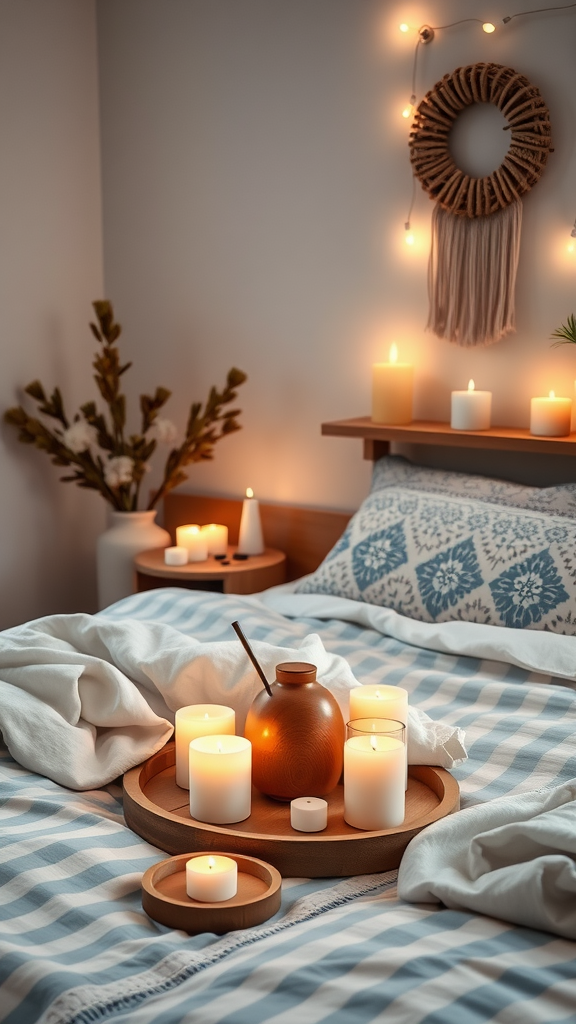 A cozy Eclectic Boho Bedroom scene with candles on a wooden tray.