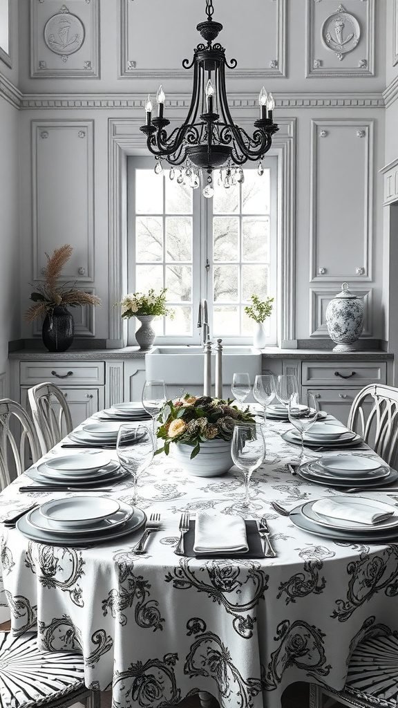 A beautifully set dining table in a black and white kitchen, featuring a patterned tablecloth, elegant dishware, and a floral centerpiece.