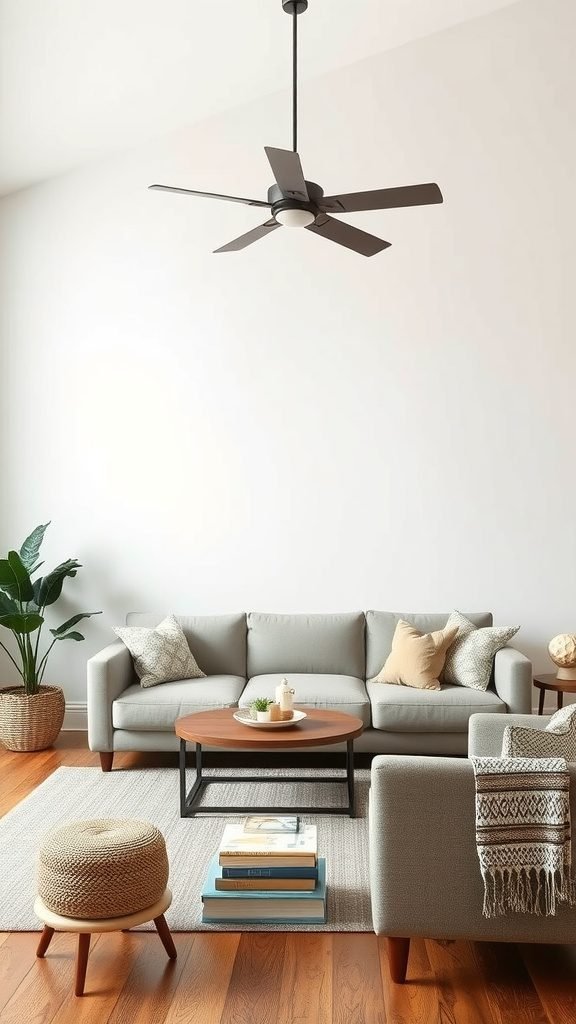 Cozy farmhouse living room with gray sofas, wooden coffee table, plants, and decorative pillows.
