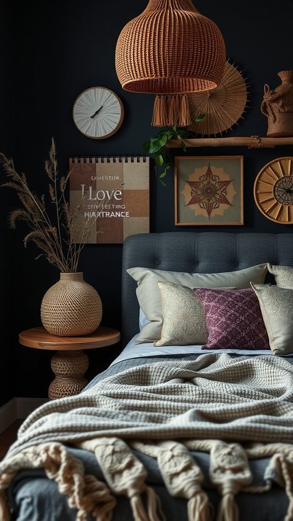 A dark earthy bedroom featuring handcrafted rattan lamp, textured wall art, and cozy bedding.