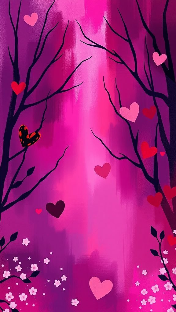 Abstract February wallpaper featuring branches and hearts in shades of pink and purple.