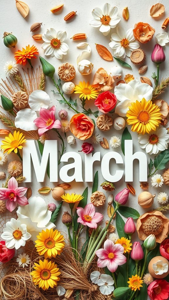 An artistic collage featuring various flowers and natural elements with the word 'March' prominently displayed. March Wallpapers
