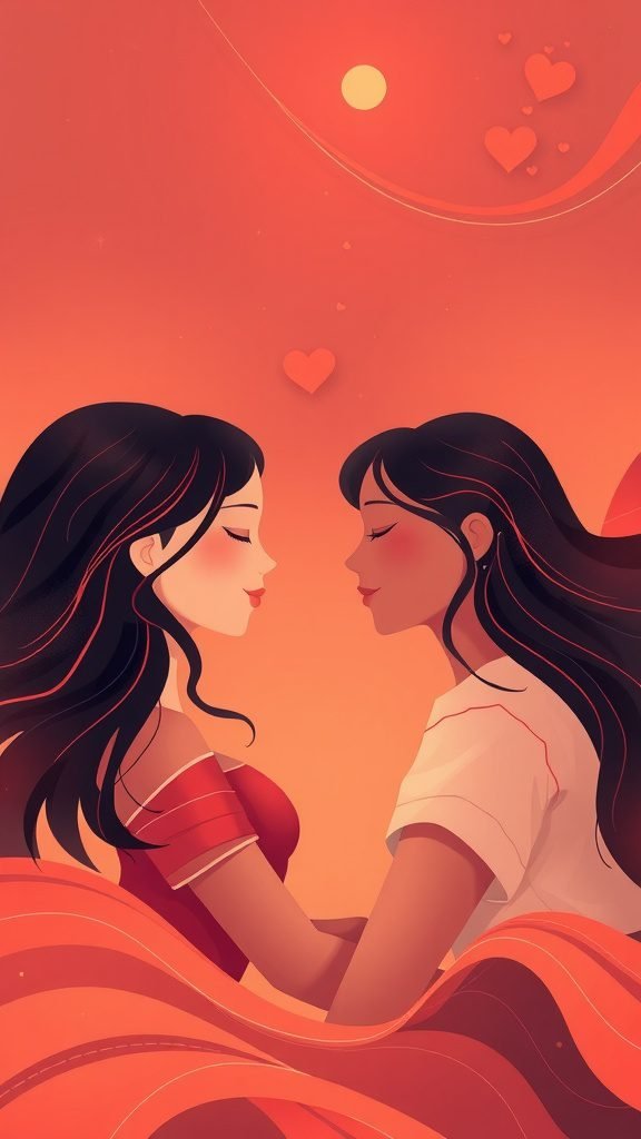 Two women leaning in for a soft embrace, surrounded by hearts and warm colors.