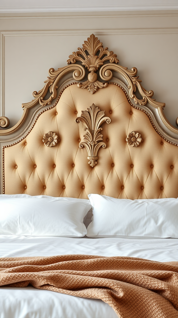 A luxurious Rococo-style headboard featuring tufted fabric and ornate carvings in a soft beige color.