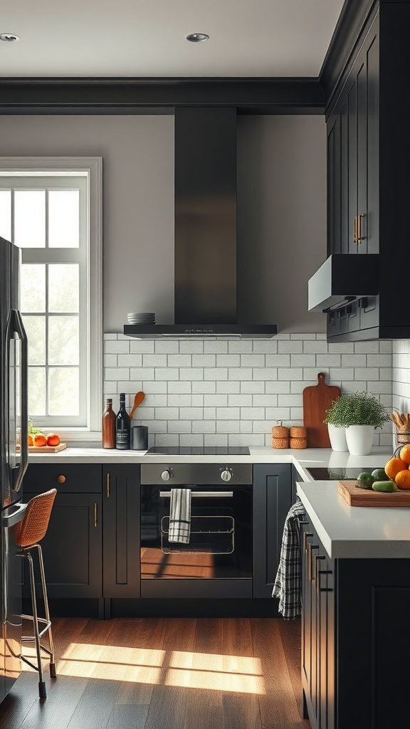 A modern black and white kitchen featuring dark cabinets, white countertops, and natural light.