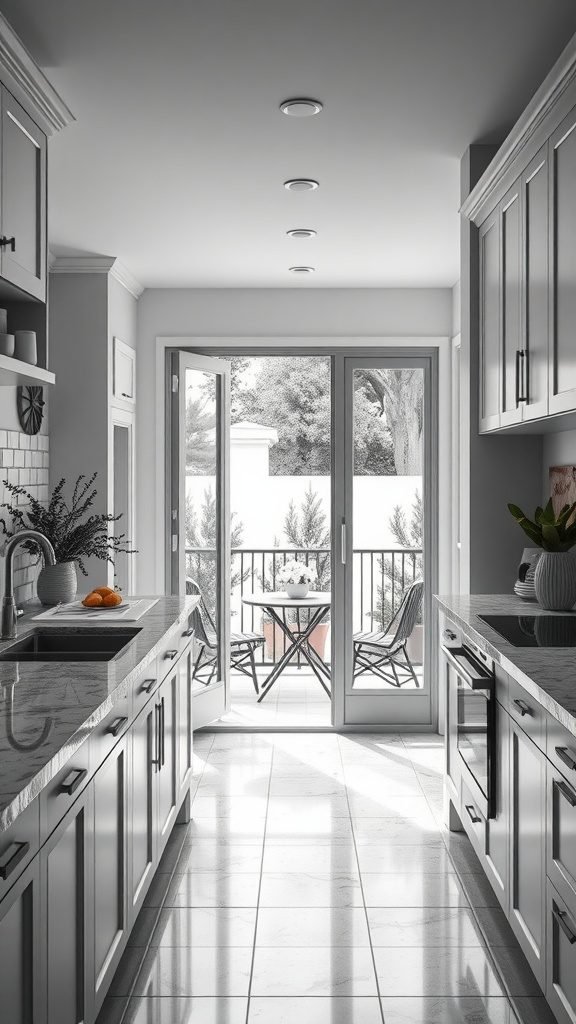 A black and white elegant kitchen with a view of a balcony