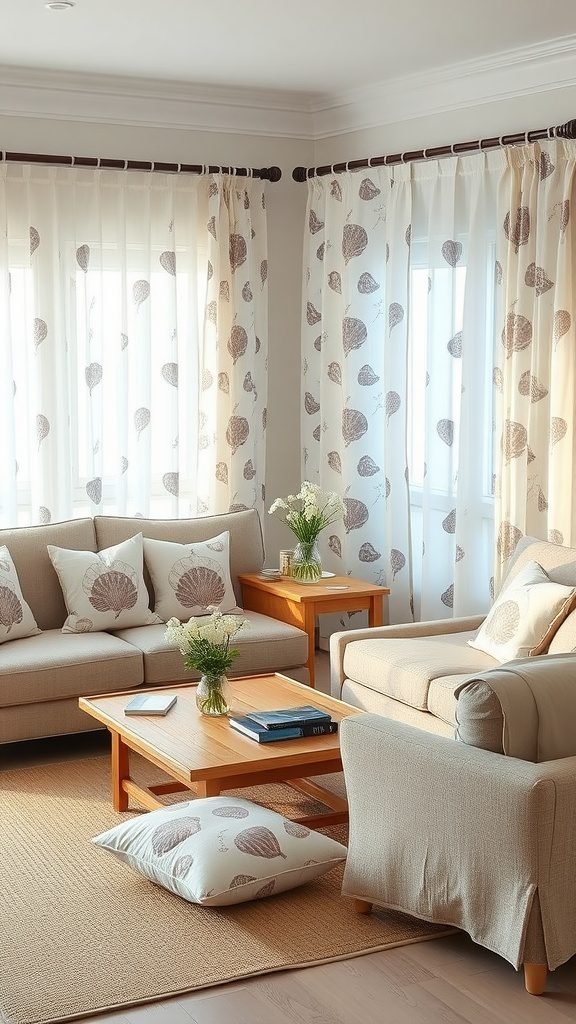 Cozy coastal living room with shell-patterned textiles and natural wood furniture