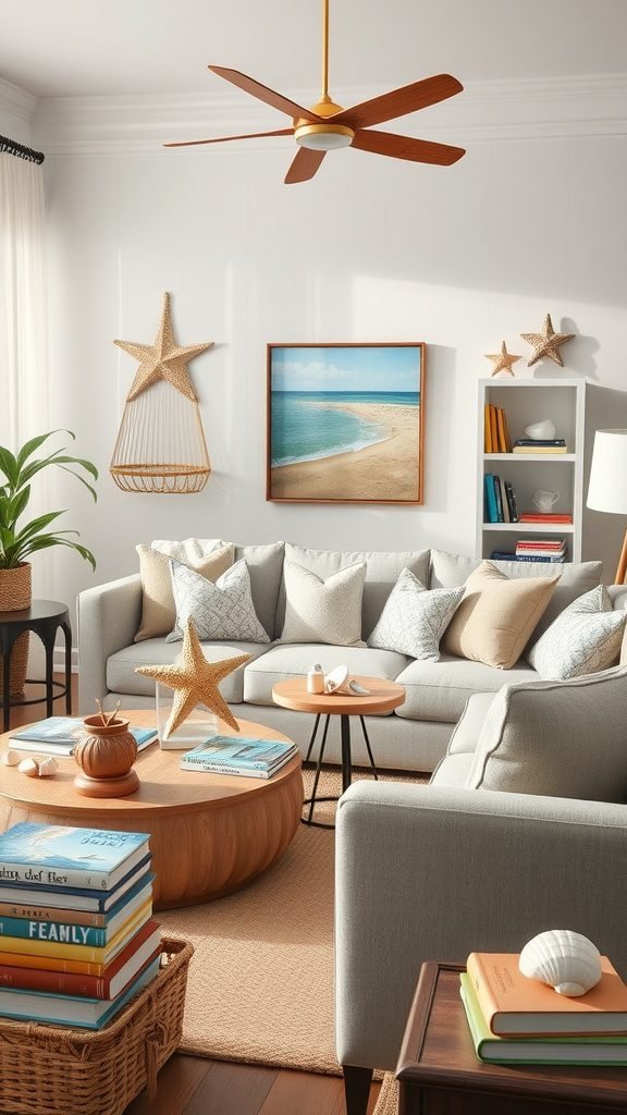 Cozy coastal living room with beach-themed accessories and decor