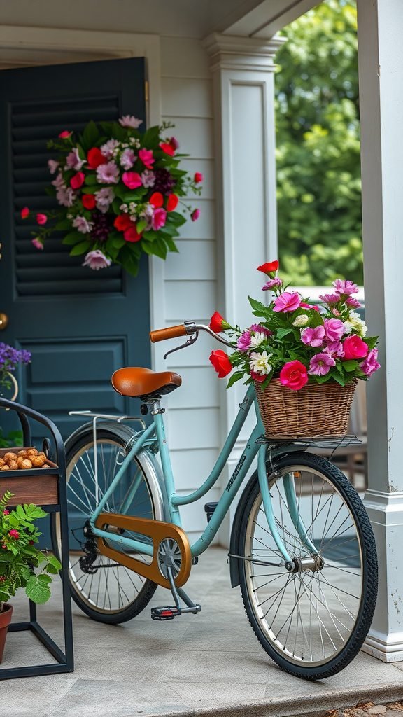 A blue bicycle with a wicker basket filled with colorful flowers, placed on a porch beside a door adorned with a floral wreath.